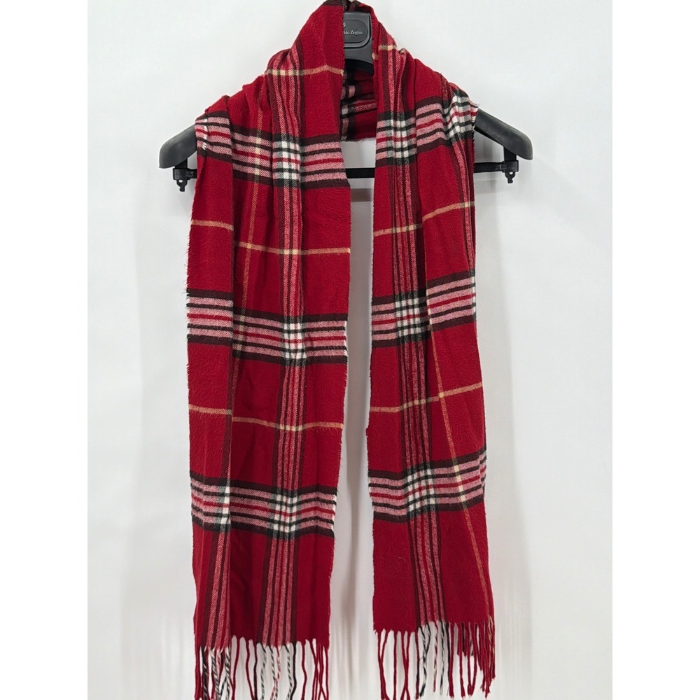 Vtg Lord & Taylor Red Plaid Scarf Made in Germany Acrylic Fringe Winter Wrap
